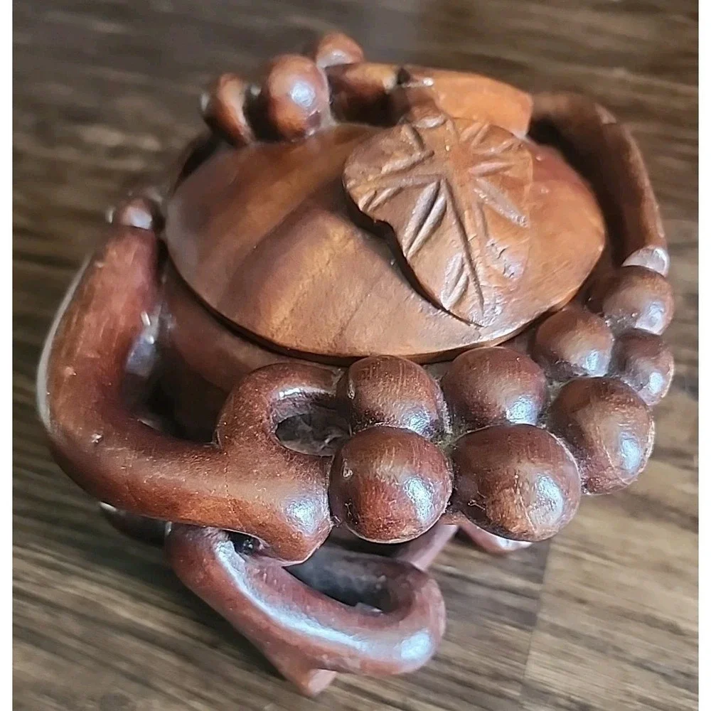 Vintage Trinket Hand Carved Wooden  Bowl Fruit Grapes  Leaves Dark Wood